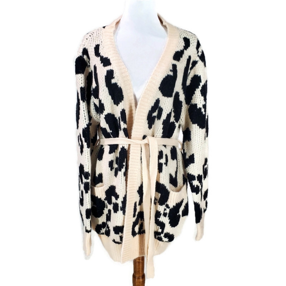 🌼Leopard Cardigan Sweater Chunky Knit Belted Pockets Loungewear Oversized Cozy